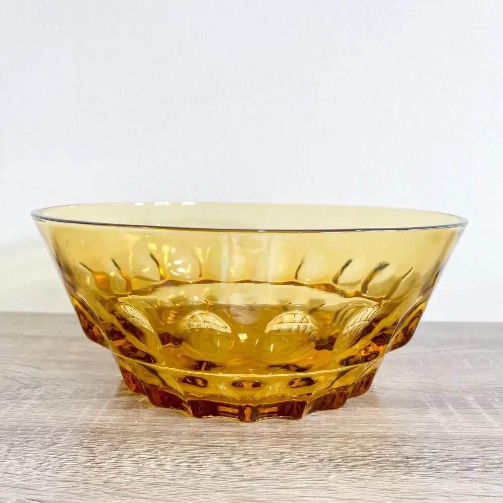 Vintage Amber Glass Thumbprint Serving Bowl 10” Mid Century Retro MCM